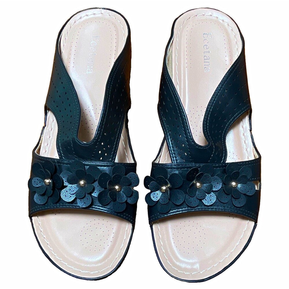 Ecetana Women's BLK Slip-On Wedge Sandals Floral Straps Ecetana's EU42 US 9.5/10